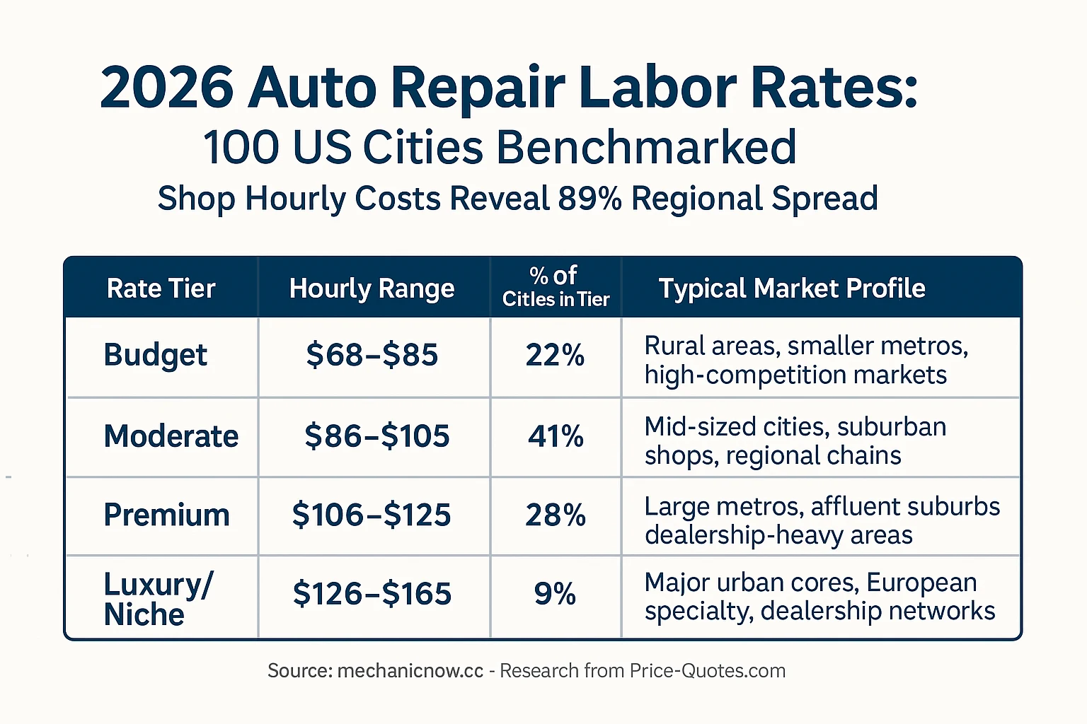 2026 Auto Repair Labor Rates: 100 US Cities Benchmarked — Shop Hourly Costs Reveal 89% Regional Spread - Data Visualization